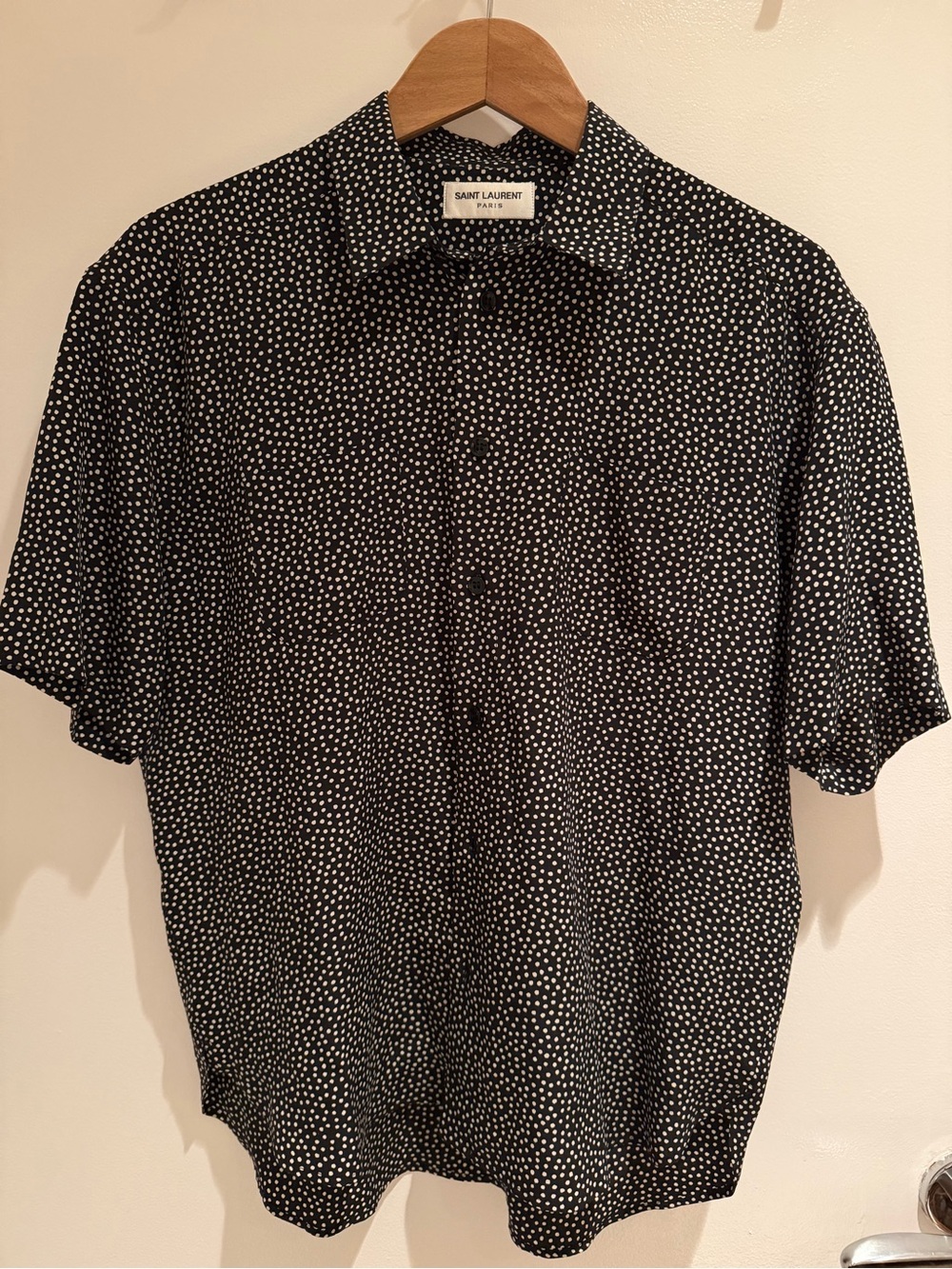 Saint Laurent Black and White Dot-Print Short Sleeve Button-Down Shirt